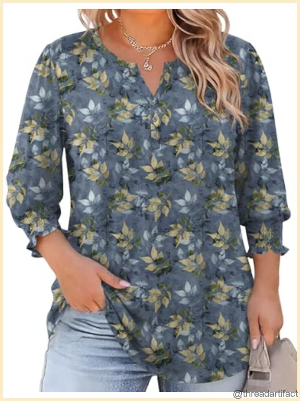 Womens Plus Size Tunic Top 3/4 Sleeve V Neck Loose Flowy Blouse